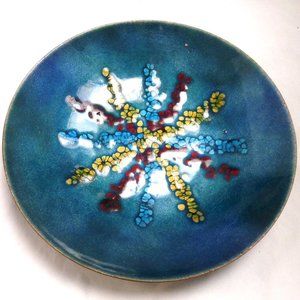 Vintage mid century Bovano Cheshire CT copper enamel plate tray 9" teal gold